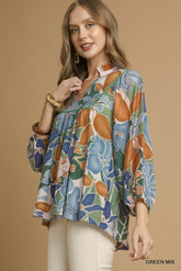 Umgee Multicolor Abstract Floral Print Blouse with Ruffle Neck OutfitFlow